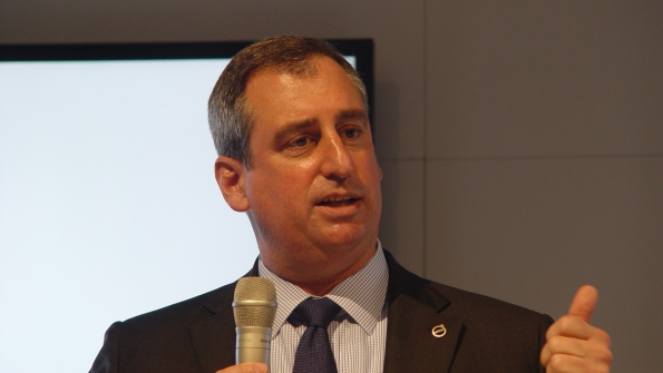 Volvo CE president Martin Weissburg speaks at the Bauma trade fair in Munich in 2016