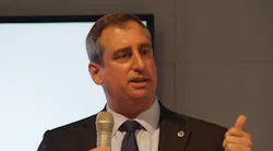 Volvo CE president Martin Weissburg speaks at the Bauma trade fair in Munich in 2016
