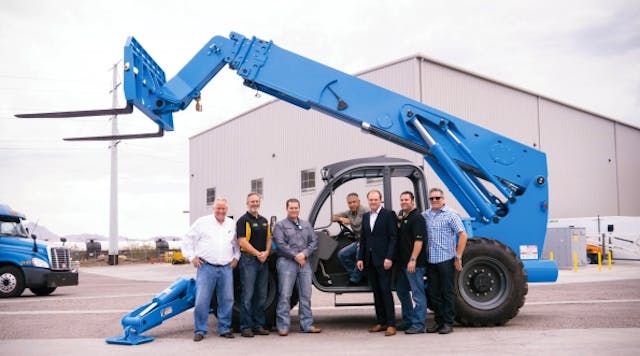From left: Don Schultz, vice president of sales, western region for Xtreme; Rex Casanover, Ahern Rentals national accounts; Kevin Matthews, business development manager western U.S., Xtreme; Empire Roofing president Ronnie McGlothlin (in cab); Matthew Elvin, CEO, Xtreme Manufacturing; Jeff Eckhardt, VP of engineering, Xtreme; and Robby Hagan, senior VP of sales for North America, Xtreme Manufacturing.