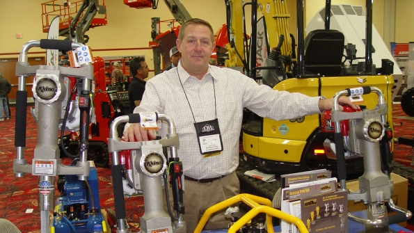 Steve Orrick of Meridian Utility Equipment Sales shows a variety of items at the Rental Rally
