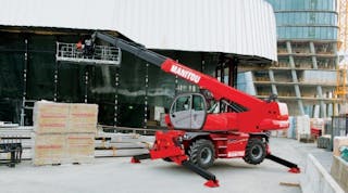 A Manitou mrt2550 telehandler on a jobsite. The manufacturer introduced five new MEWPs at The Rental Show this week.