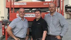 From left: Dean Jones, general manager AJI Heavy Equipment Rental; David Hall of Skyjack; and Hannes Van Graan, technical manager AJI, with one of their new SJIII 4626 DC electric scissor lifts.
