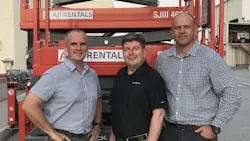 From left Dean Jones general manager AJI Heavy Equipment Rental David Hall of Skyjack and Hannes Van Graan technical manager AJI with one of their new SJIII 4626 DC electric scissor lifts