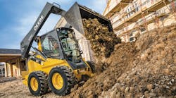 A Deere 324G skid-steer loader on a job. The company extends its warranty to two years on compact track loaders, skid-steer loaders, compact wheel loaders and compact excavators.