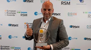 Ben Maes, Riwal&apos;s commercial manager for Belgium, accepts the trophy at the European Business Awards in Warsaw, Poland.
