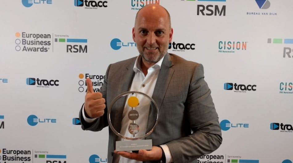 Ben Maes, Riwal&apos;s commercial manager for Belgium, accepts the trophy at the European Business Awards in Warsaw, Poland.
