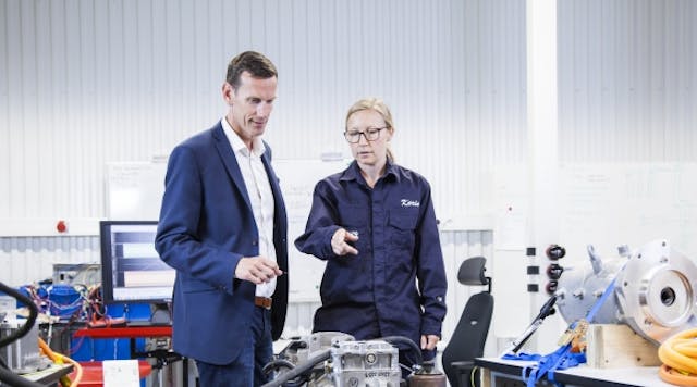 Volvo Penta&apos;s chief technology officer Johan Inden and system engineer Karin Akman discuss innovation for electromobility at the company&apos;s new development-and-test laboratory in Gothenburg, Sweden.