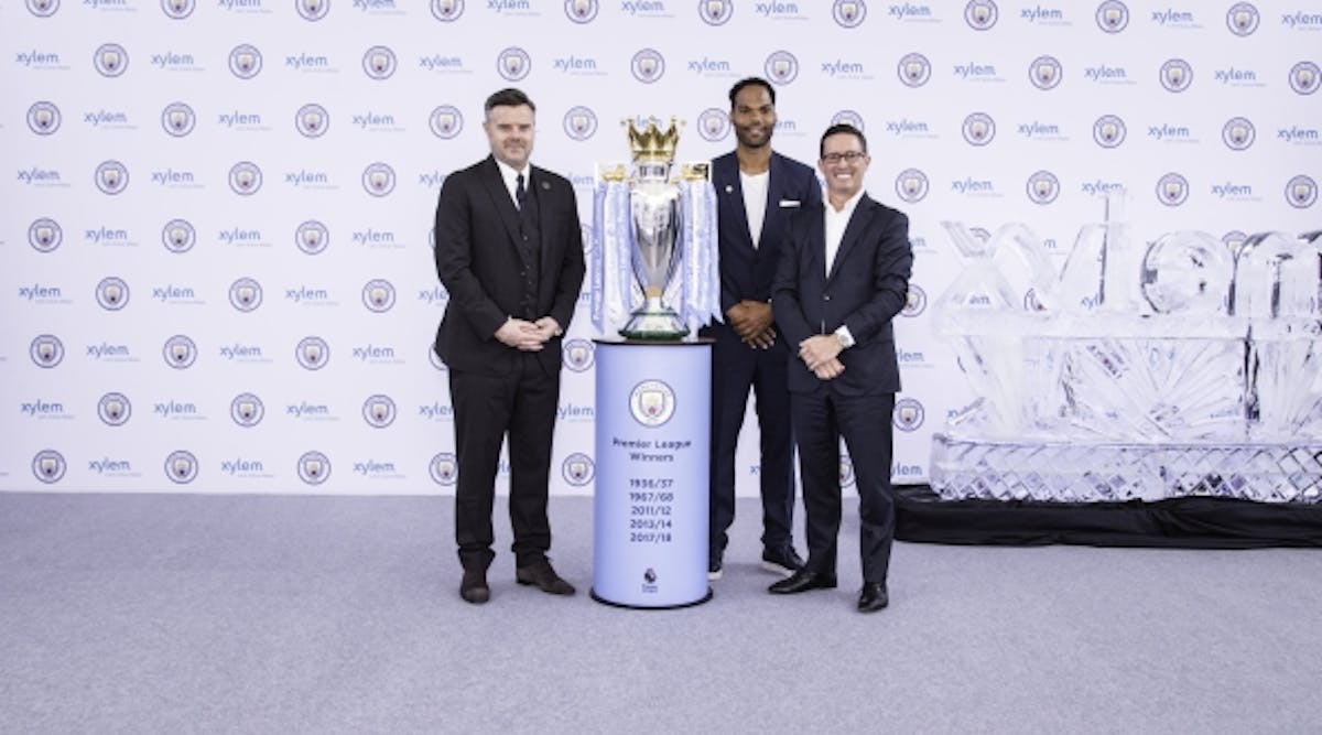 From left: Damian Willoughby, senior vice president of partnership at City Football Group; Manchester City legend Joleon Lescott; and Patrick Decker, president and CEO of Xylem announce global water awareness partnership at Singapore water awareness conference this week.