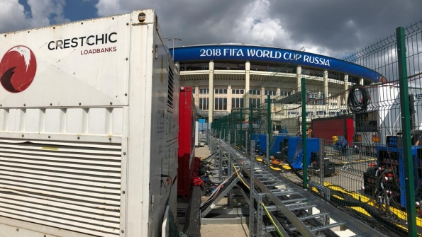 A Crestchic loadbank outside of a stadium during the World Cup Crestchic provided loadbanks to all 12 stadiums in 11 cities