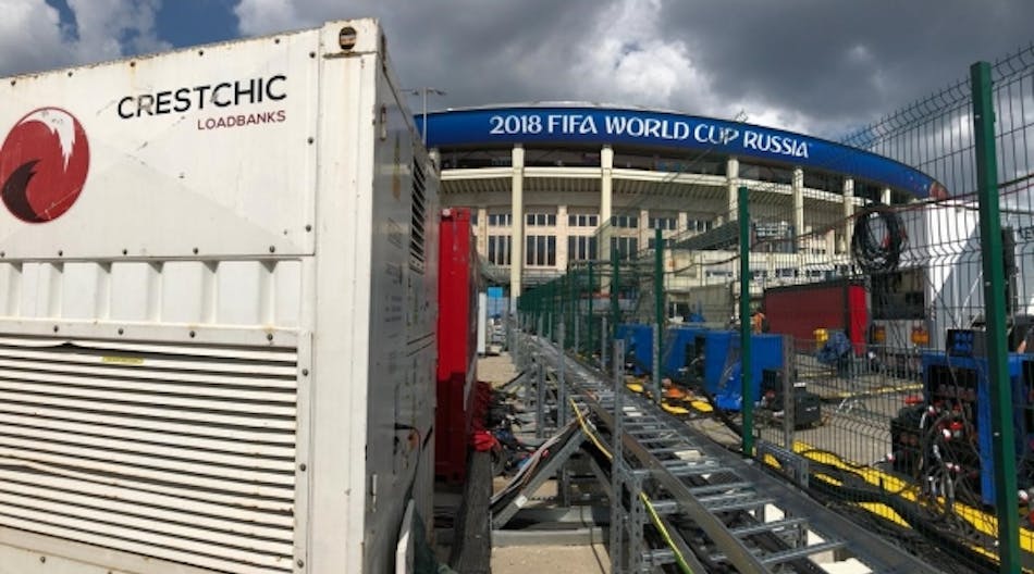 A Crestchic loadbank outside of a stadium during the World Cup. Crestchic provided loadbanks to all 12 stadiums in 11 cities.