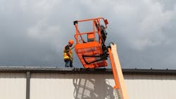 The BoltOn Fall Arrest System consists of two large steel brackets securing a sixfoot cable with a ring that can move from one end of the cable to the other The BoltOn Fall Arrest System consists of two large steel brackets securing a sixfoot cable with a ring that can move from one end of the cable to the other