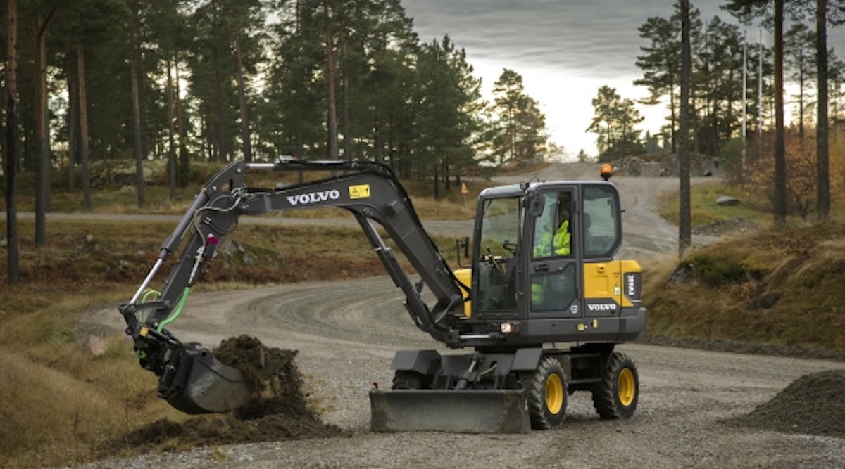 A Volvo wheeled compact excavator.