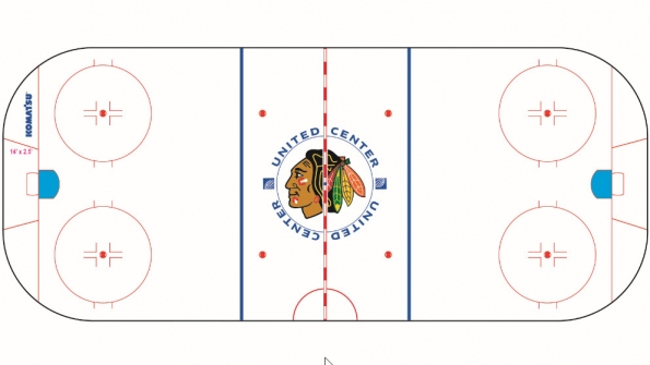 Komatsu39s logo on the ice at United Center for Chicago Blackhawk home games
