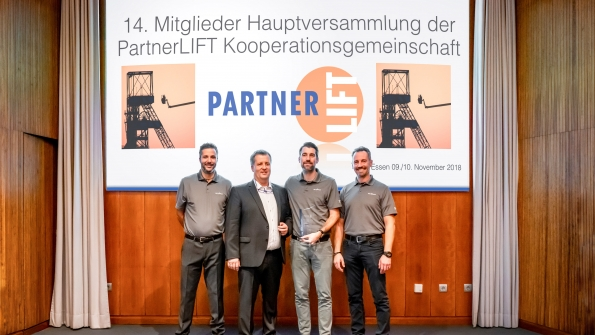 Skyjack receives the Supplier of the Year Award from PartnerLIFT From left Farid Hammar of Skyjack Kai Schliephake of PartnerLIFT Andreas Stumpf of Skyjack and Andreas Bub Skyjack
