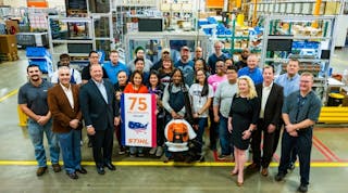 Stihl staff celebrates the production of 75 million units in the United States.