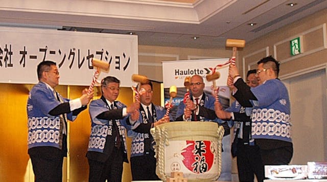 At the celebration of the opening of Haulotte Japan, from left: Tomie Chan, manager North Asia; Kouji Hashimoto, senior management, Nishio Rent All Co. Ltd.; Masashi Nishio, president Nishio Rent All Co.; Damien Gautier, managing director, Haulotte Asia Pacific; Hiroaki Kamada, senior management, Nishio Rent All Co.; Motoo Nishimura, director Haulotte Japan.