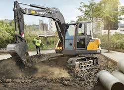 A Volvo excavator in China. A Volvo excavator in China.