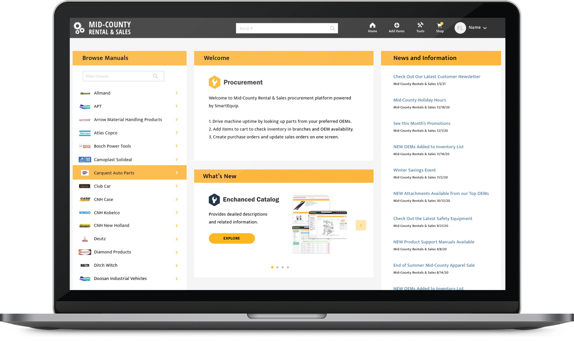 Pictured is SmartEquip's new e-commerce technology site.