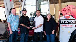 Allied Machinery Corporation displays its dealer award for Top Market Share from Takeuchi. Pictured from left to right: Joe Johnson, Alex Feyerisen, Steve Saito and Noelle Santos.