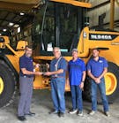 Bill Klein (left), Northeast sales manager for Hyundai Construction Equipment Americas, presents Hyundai dealer plaque to Shafer Equipment management team (left to right), Jim Shafer, owner; Billy Evans, general manager; and Aaron Cox, sales manager.