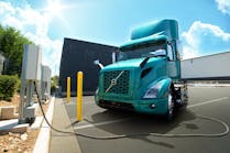 A Volvo VNR Electric charges at the high-powered chargers available to fleets at TEC Equipment, Fontana.