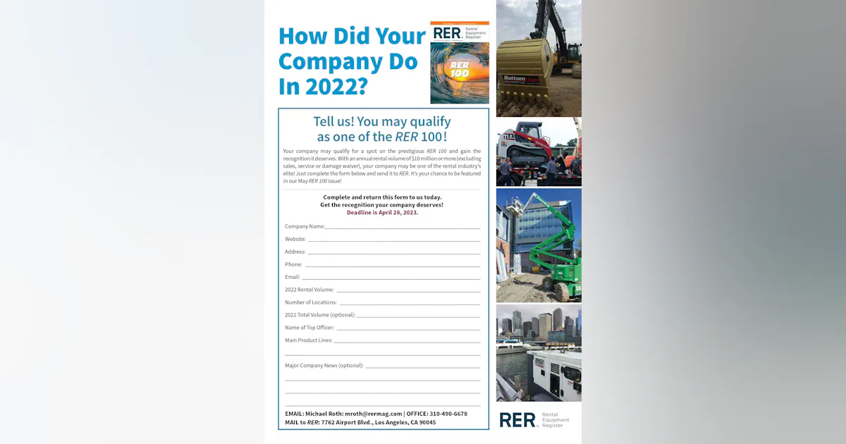 Updated Rer Form Be a Part of the RER 100! | Rental Equipment Register