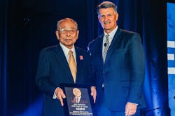 Akio Takeuchi poses with his award and 2023 AEM Chair Rod Schrader of Komatsu at the 2023 AEM Hall of Fame reception. Akio Takeuchi poses with his award and 2023 AEM Chair Rod Schrader of Komatsu at the 2023 AEM Hall of Fame reception.