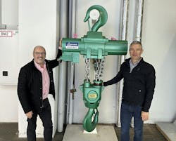 Operations director Phil Smith, left, and Andrew Mault, CEO of LGH Europe with a high-capacity air chain hoist from J.D. Neuhaus. Operations director Phil Smith, left, and Andrew Mault, CEO of LGH Europe with a high-capacity air chain hoist from J.D. Neuhaus.