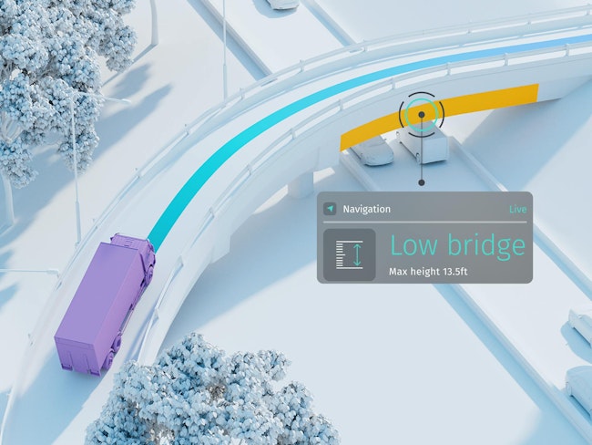An example of HERE's technology shows a low bridge and the maximum height for a truck to be able to pass beneath it.