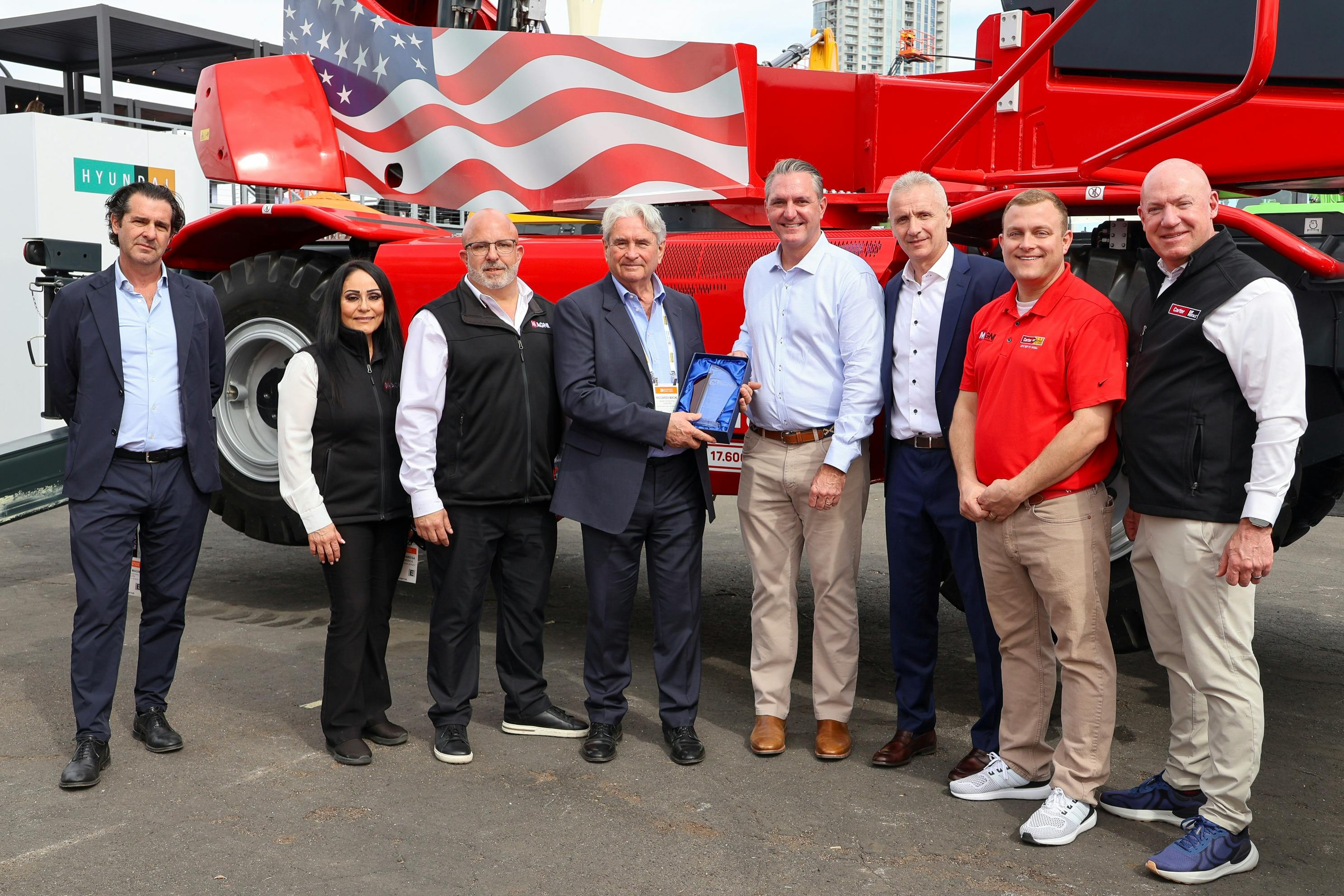 Pictured left to right: Carlo Magni, VP Magni TH; Eleni Manresa, Sales Operations Manager Magni America; Joe Leinwol, Sales Manager Magni America; Riccardo Magni, President Magni TH; Drew Parker, CEO Carter Machinery; Filippo Lavelli, CEO Magni America; Joey Toppings, Magni Specialist Carter Machinery; Jeff (JJ) Johnson, VP Rentals Carter Machinery.