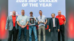At the dealer meeting, from left: Jeff Stewart, Takeuchi-US; Scott Martin, Kyle Jeffries and Logan Davis, all of CCS; Toshiya Takeuchi; and David Pearson, Takeuchi-US.