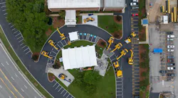 An aerial view of Komatsu excavators parked outside of the Chatanooga Manufacturing Operation