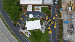 An aerial view of Komatsu excavators parked outside of the Chatanooga Manufacturing Operation