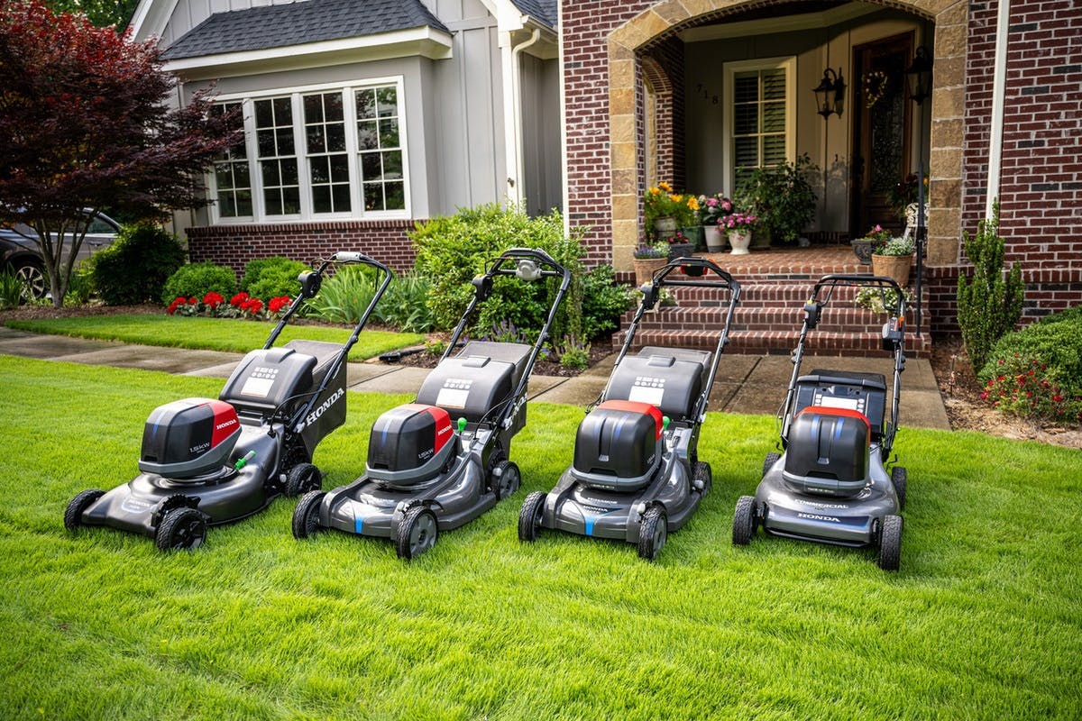 Honda's lineup of walk-behind battery-powered lawn mowers.