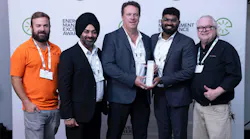 Skyjack Plant 2 Energy Team Members (L to R) Derek McDougall (Maintenance Support), Jatinder Singh (Engineering Support), Wayne Decker (Executive Sponsor), Jerin James (Energy Manager), and Brad Grundy (Maintenance Support) attend the IESO Save on Energy 2026 Energy Management Excellence Summit at the Toronto Congress Centre in Etobicoke, Ontario.