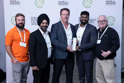 Skyjack Plant 2 Energy Team Members (L to R) Derek McDougall (Maintenance Support), Jatinder Singh (Engineering Support), Wayne Decker (Executive Sponsor), Jerin James (Energy Manager), and Brad Grundy (Maintenance Support) attend the IESO Save on Energy 2026 Energy Management Excellence Summit at the Toronto Congress Centre in Etobicoke, Ontario.